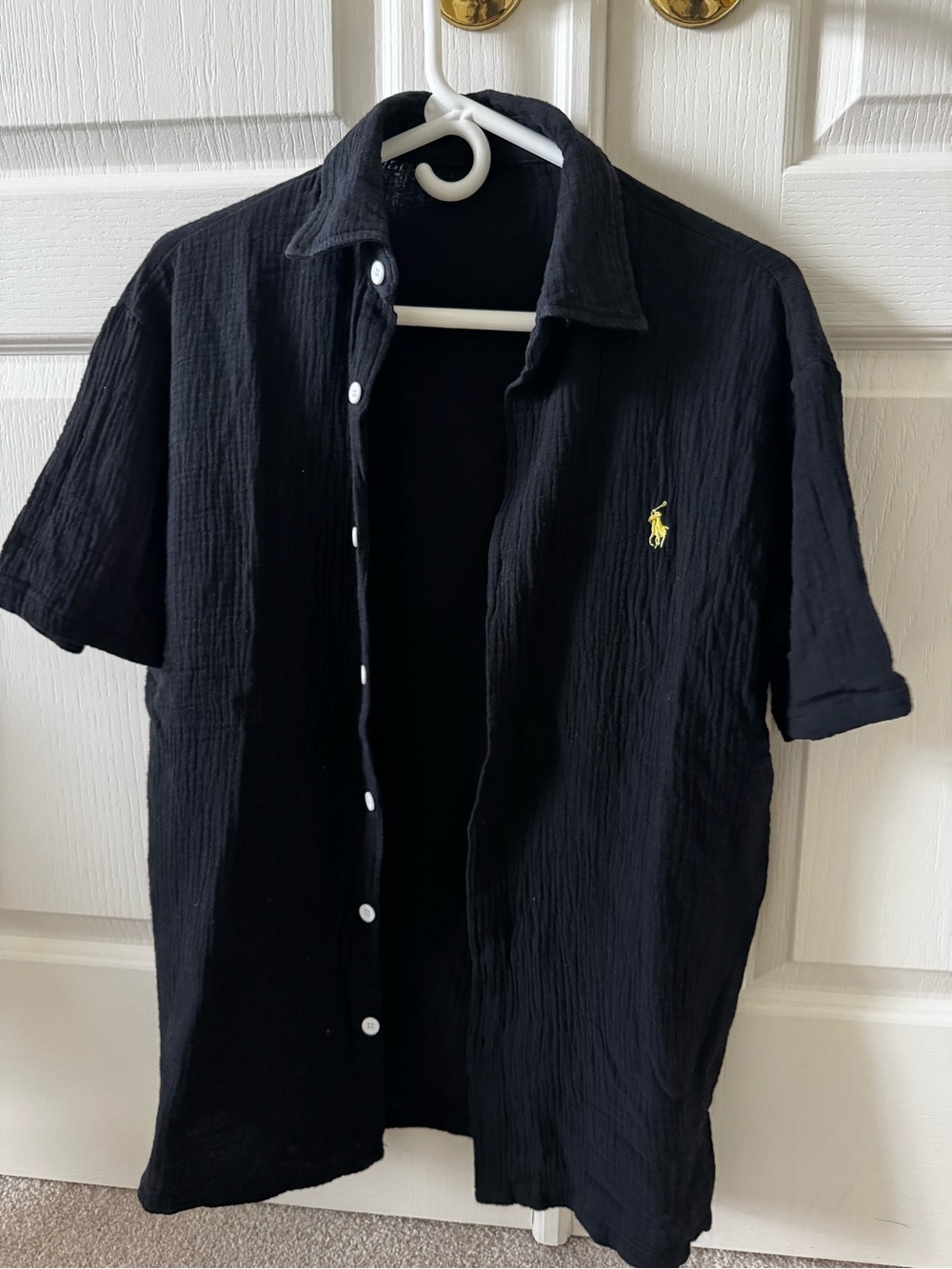 Scott Black Short-Sleeve Button-Down Shirt with Yellow Polo Logo
